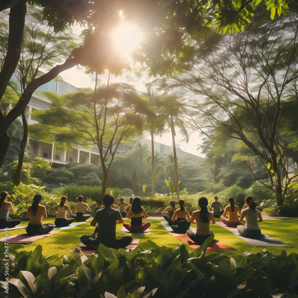 Wall mural A group of people doing yoga in a lush green park.