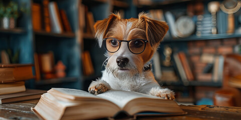 Scholarly Pup Engrossed in a Good Book - Adorable Canine Librarian Banner