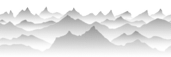 Mountain landscape, seamless border, vector halftone dots background, fading dot effect - obrazy, fototapety, plakaty