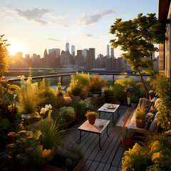 A rooftop garden with city views. 