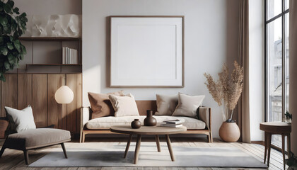 Poster frame mockup in minimalist modern living room interior background, Scandinavian style....
