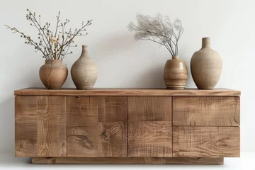 Foto op Plexiglas Contemporary wooden cabinet for ornamental objects on white. Generative Ai © Planum