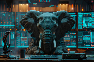 Commander Elephant: Navigating the Control Room Console - A Futuristic Banner - obrazy, fototapety, plakaty