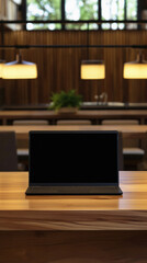 Laptop with blank screen on wooden table in cafe,