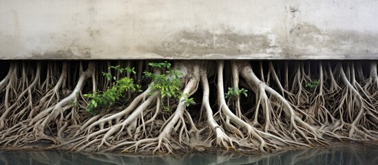 A tree is growing out of the side of a building, with roots intruding a drainage pipe channel and spreading on the concrete wall