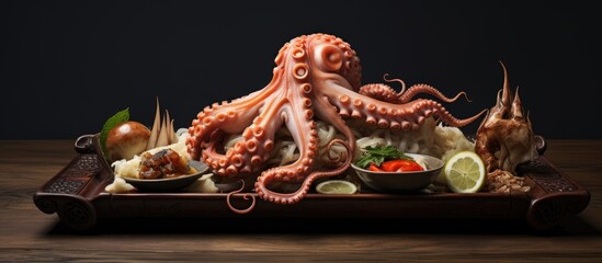 An octopus dish featuring Sannakji Octopus served on a bamboo plate, surrounded by a variety of...