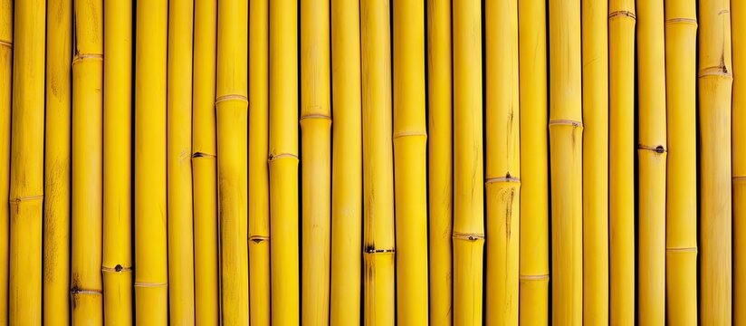 Detailed view of a bamboo fence that has been painted in a bright yellow color, creating a vibrant and eye-catching texture for backgrounds and surfaces