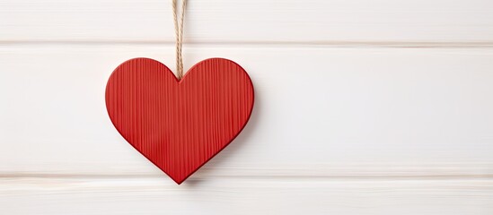 A single red heart made of wood with a string attached hanging on a plain white wall