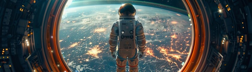 Astronaut, Zero-Gravity Suits, Exploring a Space Station, Futuristic Cityscape, 3D Render, Silhouette Lighting, Vignette - obrazy, fototapety, plakaty