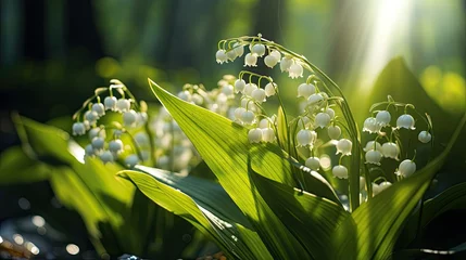 Wandaufkleber Lilies of the valley in morning sun in the forest sunlight, © neirfy