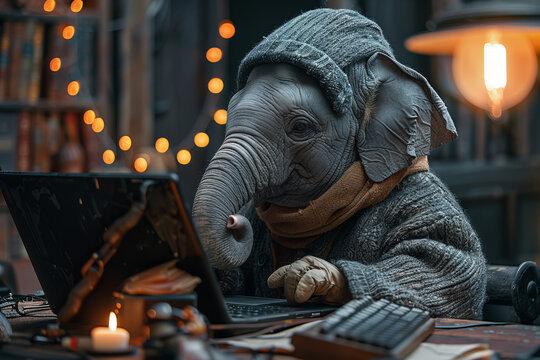 Cozy Elephant Engaged in Nighttime Studies at a Desk - Imaginative Banner