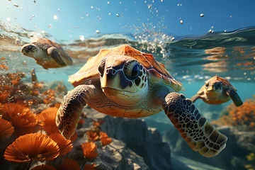 Fototapeten Vibrant Underwater Journey with Graceful Sea Turtles in Coral Haven - Ocean Banner © Алинка Пад