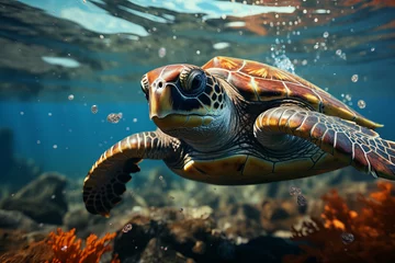 Zelfklevend Fotobehang Underwater Marvel: Majestic Sea Turtle Glides Through Oceanic Wonderland Banner © Алинка Пад