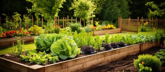 The vegetable patch in a spacious English garden is brimming with various nutritious vegetables and herbs, thriving in raised beds under the sunlight