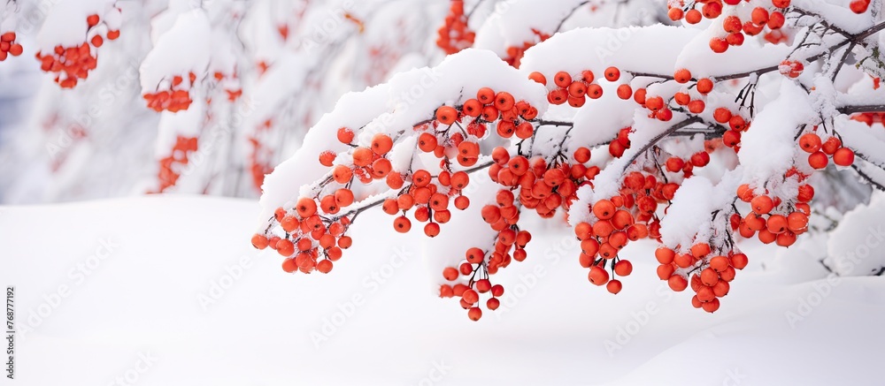Aufkleber snow-covered branches adorned with vibrant red berries stand out against the winter scenery. deep sn