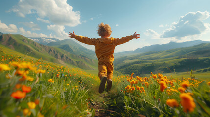 Child in orange jumpsuit joyfully jumping in a blooming meadow with mountains in the background.