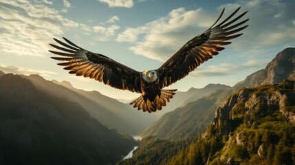 Obraz premium Bald Eagle in flight with mountains in the background at sunset.