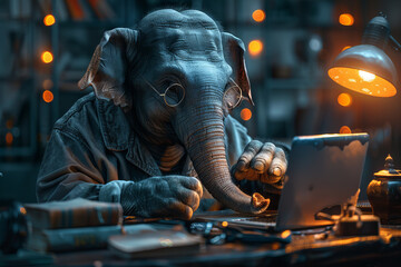 Fototapeta na wymiar Tech-Savvy Elephant Hard at Work in Moody Lit Office Banner