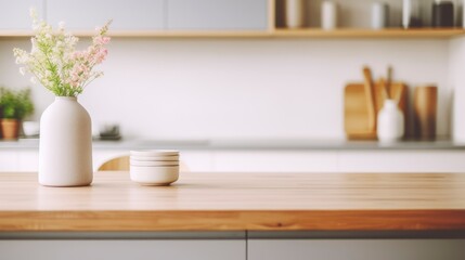 Fototapeta na wymiar Empty dinning table with blurred kitchen background