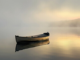 Dawn's first light bathes a single rowboat in a warm glow amidst the fog over a placid lake surface