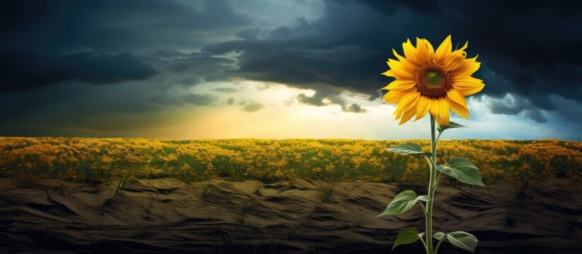 A vibrant sunflower standing alone in a meadow under an overcast and stormy sky, creating a stark contrast of colors and moods
