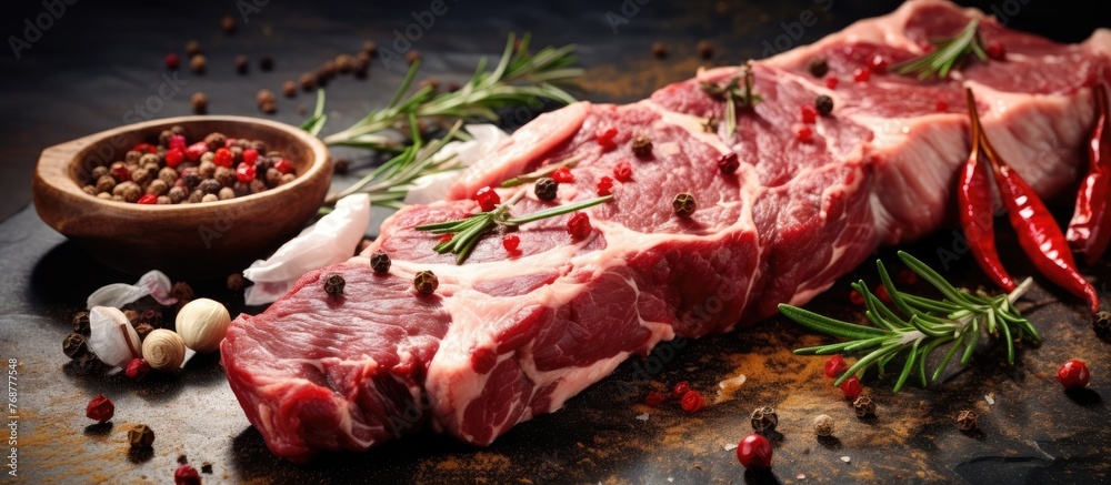 Poster a close-up view of a single piece of meat seasoned with various spices and pepper