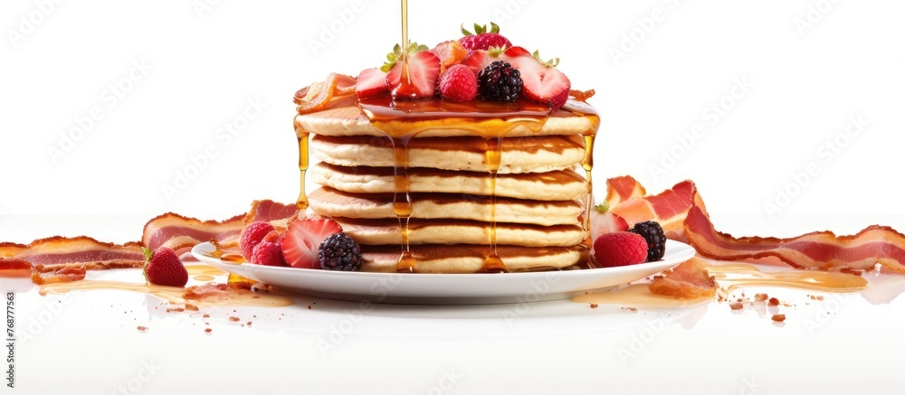Aufkleber a close-up view of a plate filled with delicious pancakes topped with syrup and a mix of fresh berri