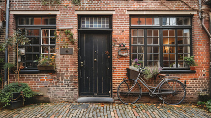 Fototapeta na wymiar old brick building with a black door and two large windows. A bicycle is parked beside the door