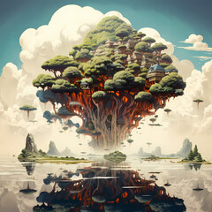 A surreal floating island with upside-down trees.