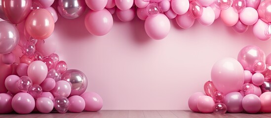 Pink and silver balloons are beautifully arranged in a room with a soft pink wall