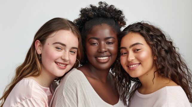Three smiling young women with different skin tones wearing light-colored tops posing closely together against a white background.