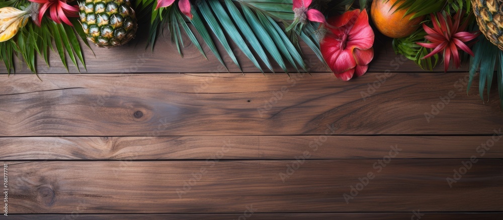 Poster assorted tropical fruits and vibrant flowers displayed on a weathered wooden surface with empty spac