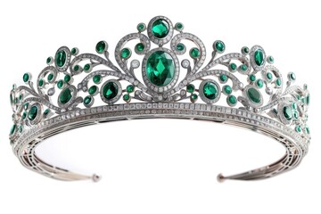 White gold tiara surrounded with green emeralds, isolated on white. Generative Ai