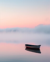 A colorful pastel sunrise envelopes a still rowboat on a lake, creating a scene of absolute peace