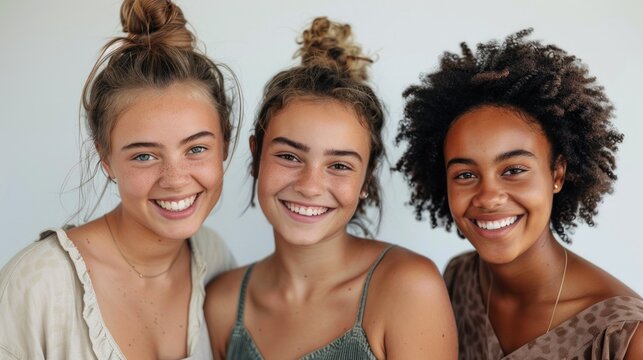 Three young women with different hairstyles smiling at the camera showcasing diversity and friendship.