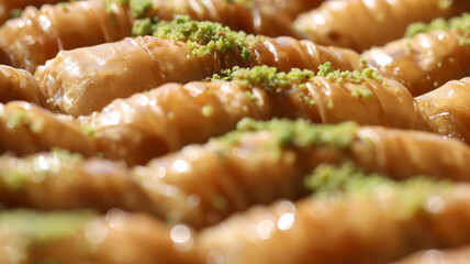 Irresistible Cevizli Sarı Burma - Close-Up Shot of Tempting Layers
 Indulge in the heavenly taste of walnut baklava, captured in a tantalizing close-up shot. 