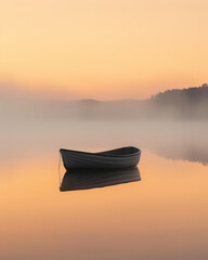 A peaceful image featuring a single boat floating on a calm, mist-covered lake with a warm sunrise glow