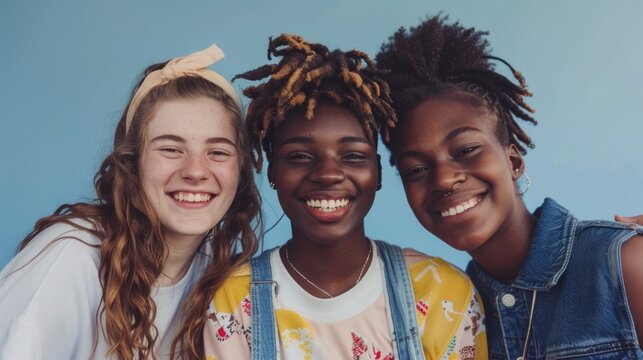 Three young women with bright smiles wearing casual clothing posing together against a blue background exuding joy and camaraderie.