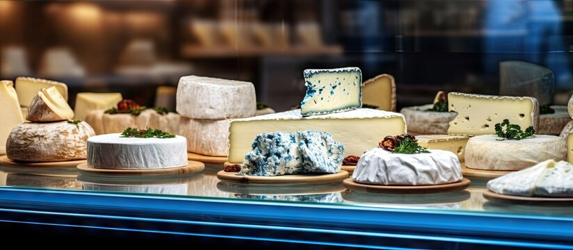 Close-up view of a wide range of blue cheese and camembert displayed on a showcase in a charming French shop, surrounded by other delectable foods
