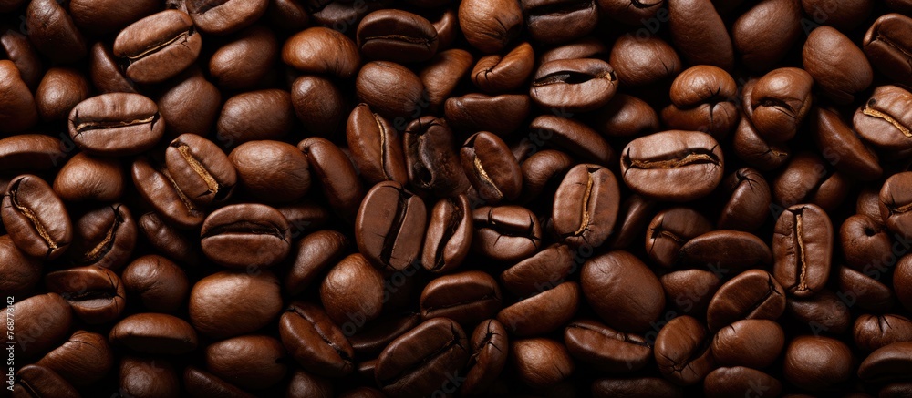 Poster a close-up view of a mound of coffee beans, showing their texture and color in detail