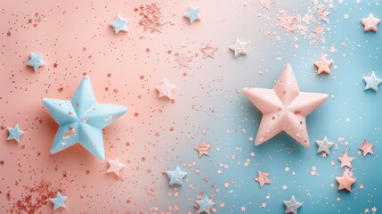 split background with pale peach and powder blue, incorporating minimalist star-shaped light elements for a dreamy atmosphere.