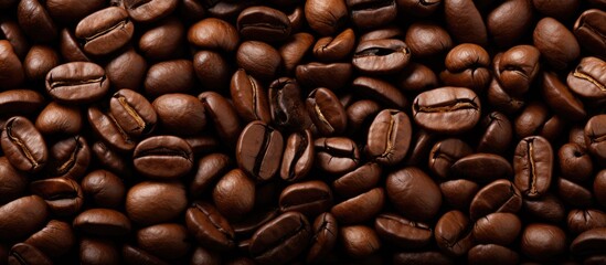 Fototapeta premium A close-up view of a mound of coffee beans, showing their texture and color in detail