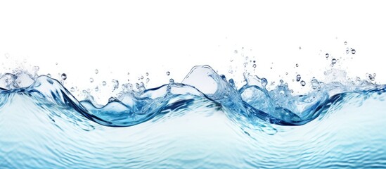 Close-up view of a water wave with bubbles floating in the clear liquid, isolated on a plain white background - obrazy, fototapety, plakaty