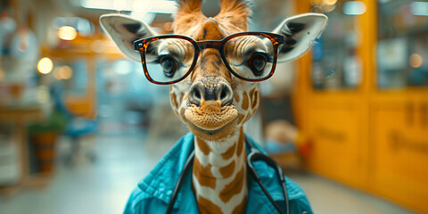 Fashionable Giraffe Scientist Chic in Glasses and Lab Coat Banner - obrazy, fototapety, plakaty