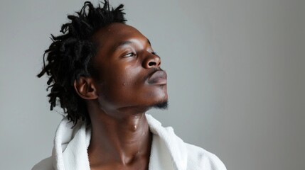Obraz premium A man with curly hair looking up with a contemplative expression wearing a white robe.