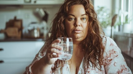 Woman with long brown hair holding a glass of water sitting in a kitchen with a blurred background looking directly at the camera. - Powered by Adobe