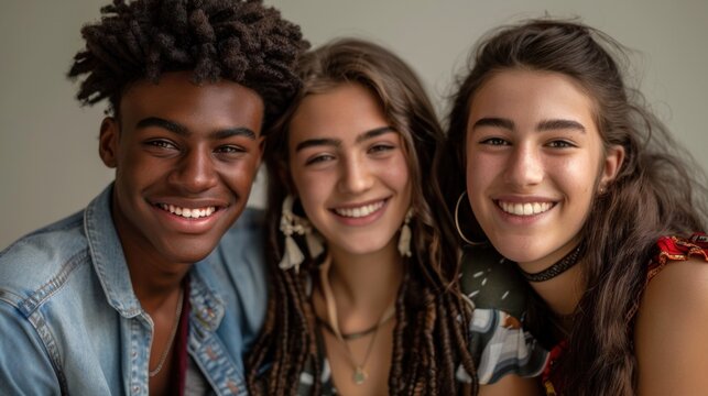 Three young people smiling for a photo with a boy on the left a girl with braids in the middle and a girl with a choker on the right all wearing casual clothing and looking cheerful.