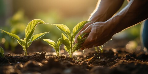 Person Planting Corn Sprouts in Soil Generative AI - obrazy, fototapety, plakaty