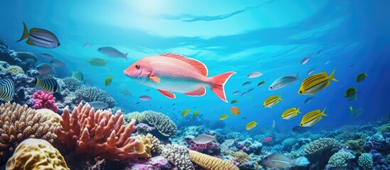 Young fish gracefully glides through vibrant corals surrounded by various marine creatures on a coral reef in the ocean