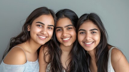 Three young women with dark hair smiling closely together showcasing their friendship and joy.
